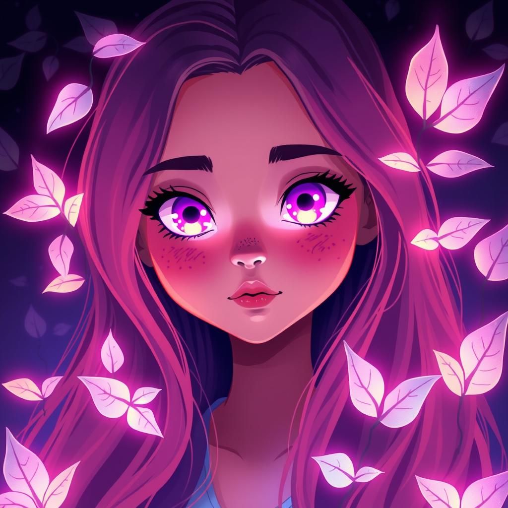 A portrait of a girl with glowing, purple eyes