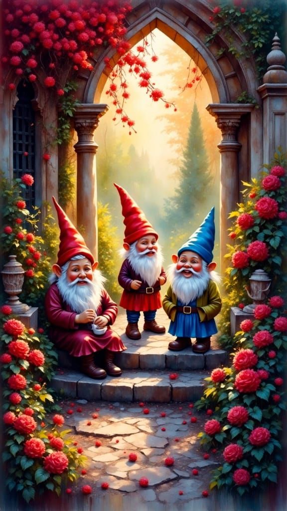 Gnomes in Garden: Watercolor Chiaroscuro