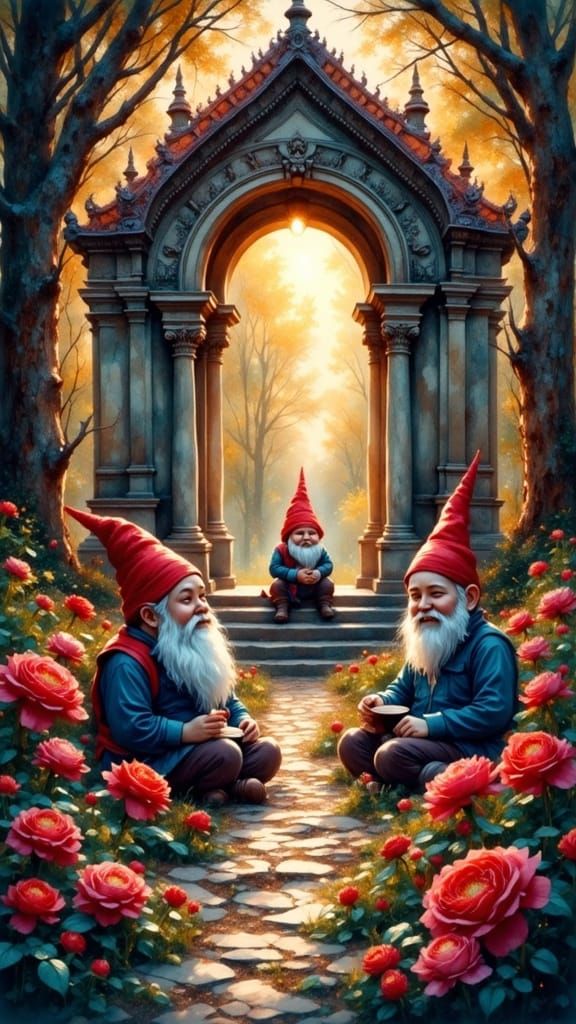 Gnomes in Flower Garden, Watercolor Style