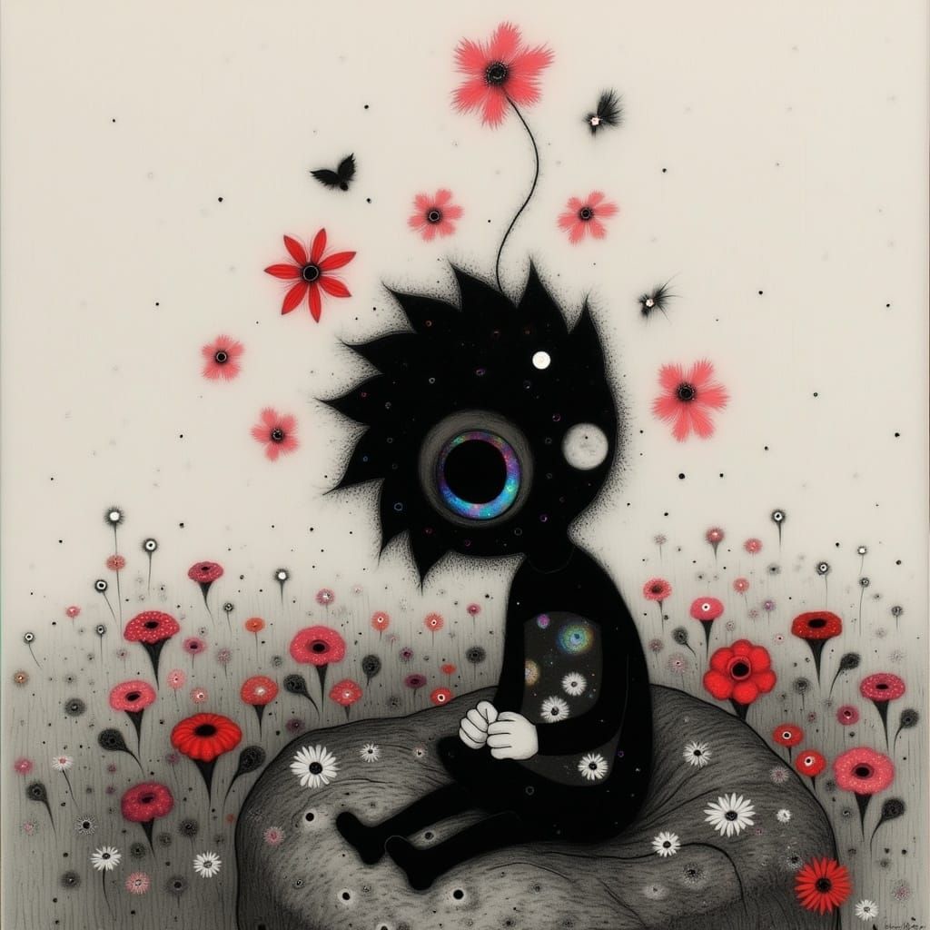 Cute Cat Surrounded by Flowers and Heart Lights