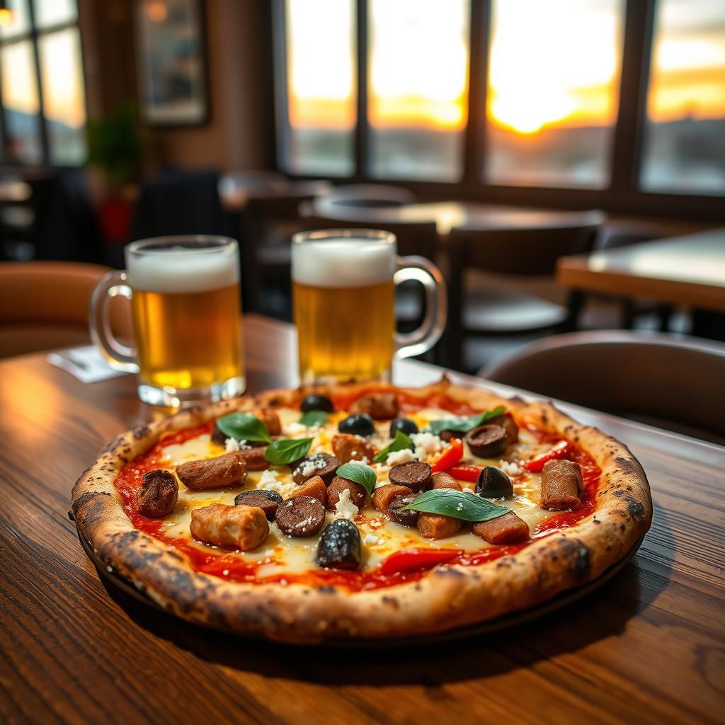 Mouthwatering Mexican Pizza with Beer at Sunset