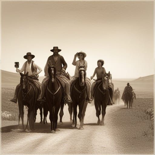 Oregon Trail Settlers with Polaroid Cameras, Sepia Tone
