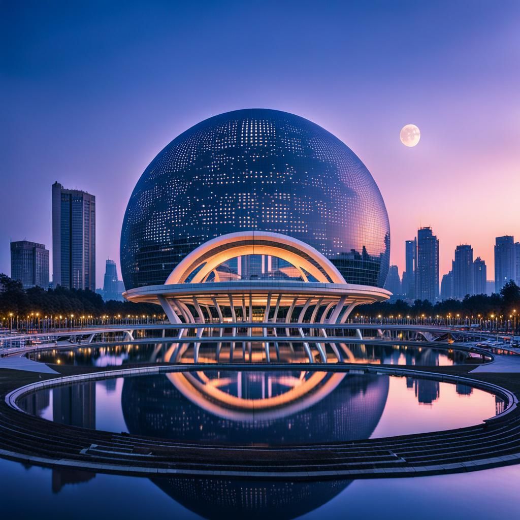Futuristic Cityscape with Moon Sphere at Twilight