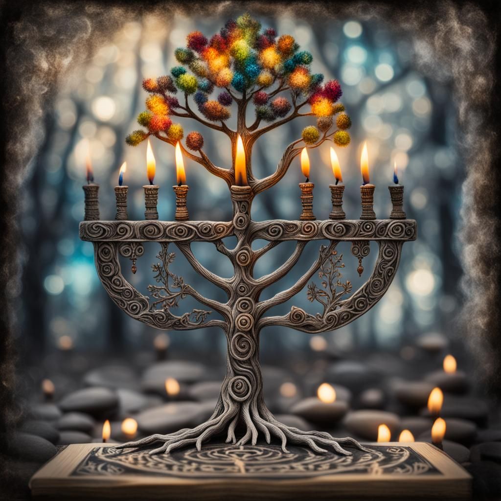 Tree of Life Menorah: Detailed Charcoal Drawing