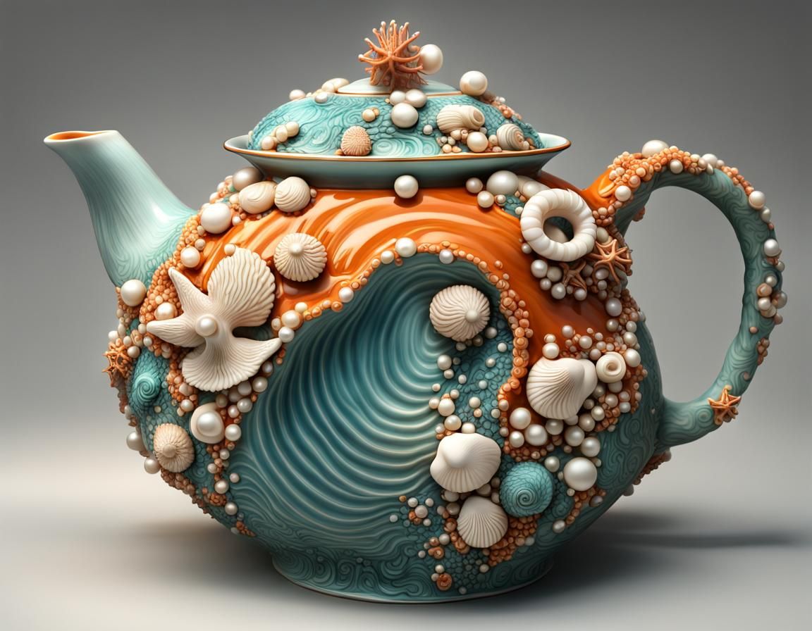 Ornate Ceramic Teapot with 3D Ocean Wave Design