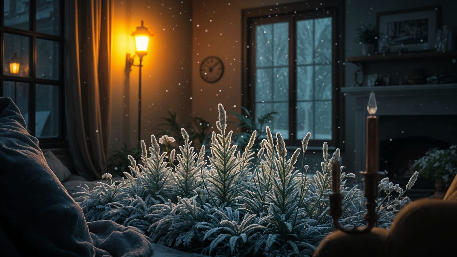 Winter Garden Oasis in a Snowy Night Scene