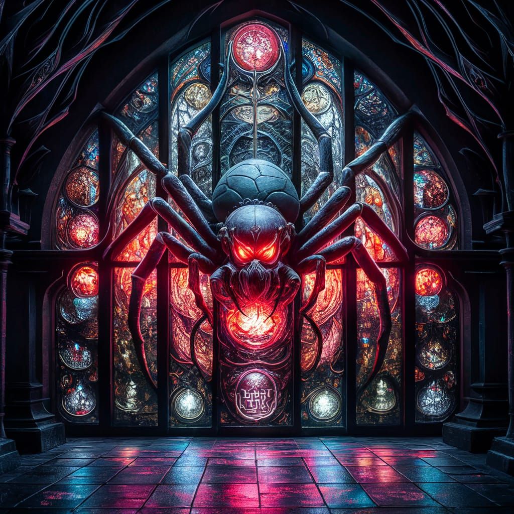 Stained Glass Spider Goddess Window in Gothic Temple