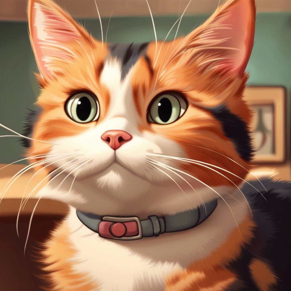 Cute Calico Cat Portrait in Retro Cartoon Style