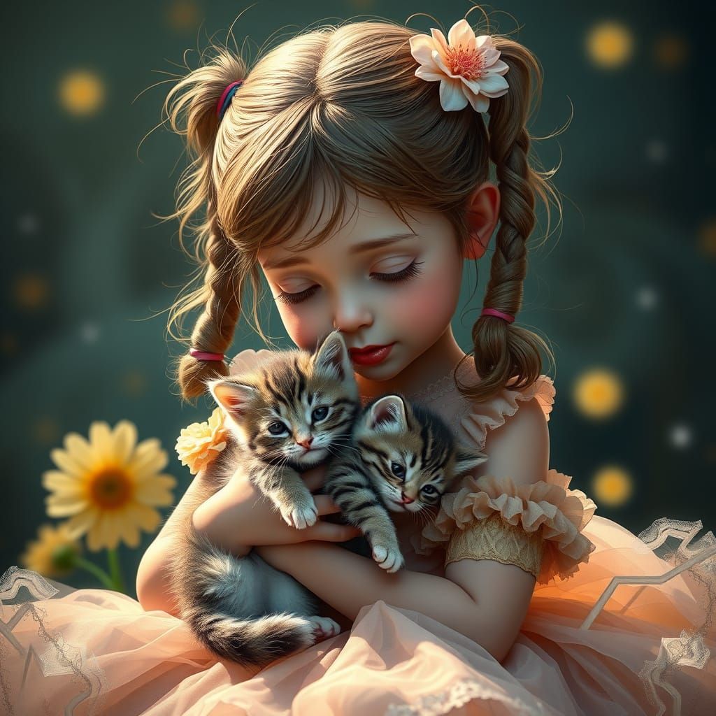 Girl with Kitten in Detailed Fantasy Art Style