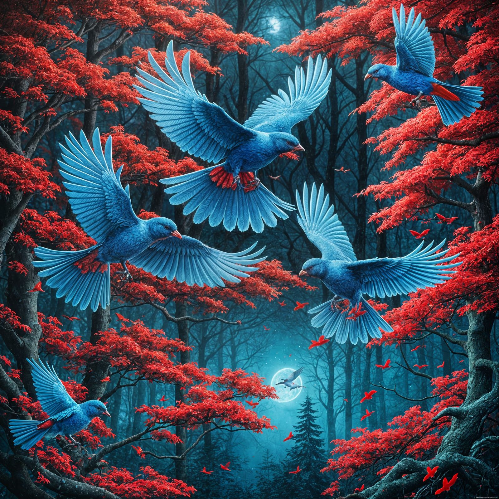 Fluorescent Birds Flying in a Glowing Forest