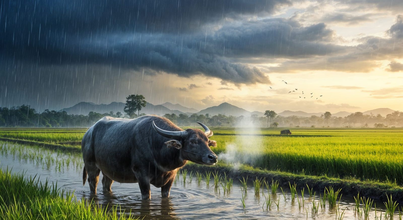 Vietnamese Monsoon: Water Buffalo in Rice Field