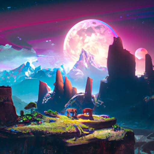 Mountain Oasis Under Neon Moon: Digital Matte Painting
