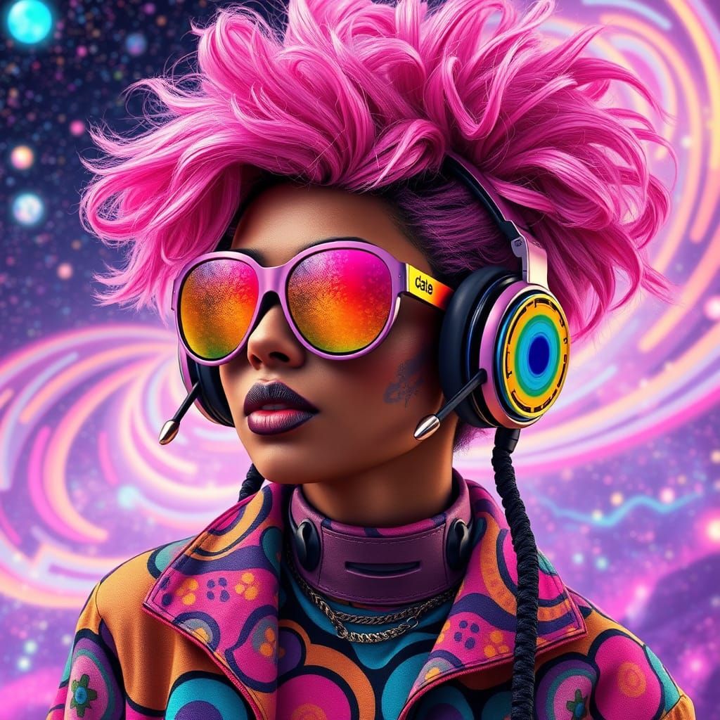 Pink Afro Woman in Steampunk Astral Cosmos