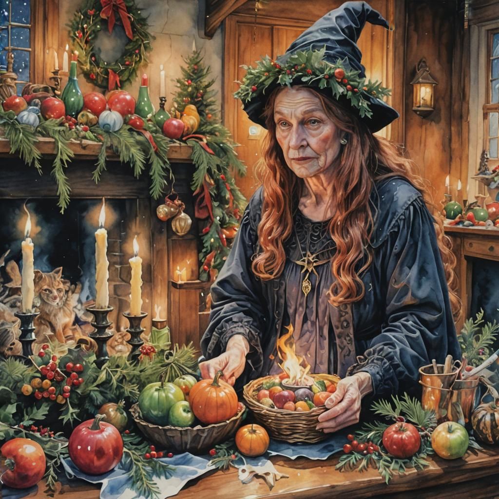 Mystical Winter Witch Captured in Dreamlike Watercolor