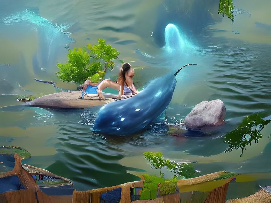 A little blue whale and a girl in a swimming hole on am ench...