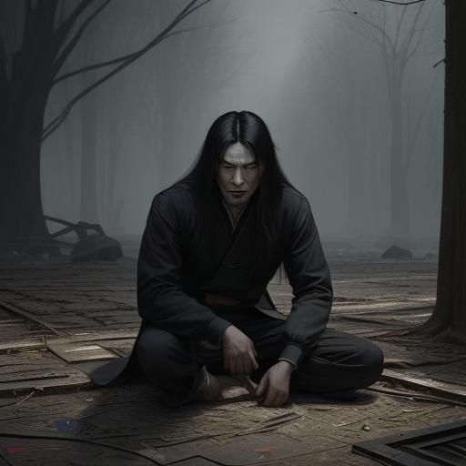 Sinister Portrait of Chinese Man with Long Hair
