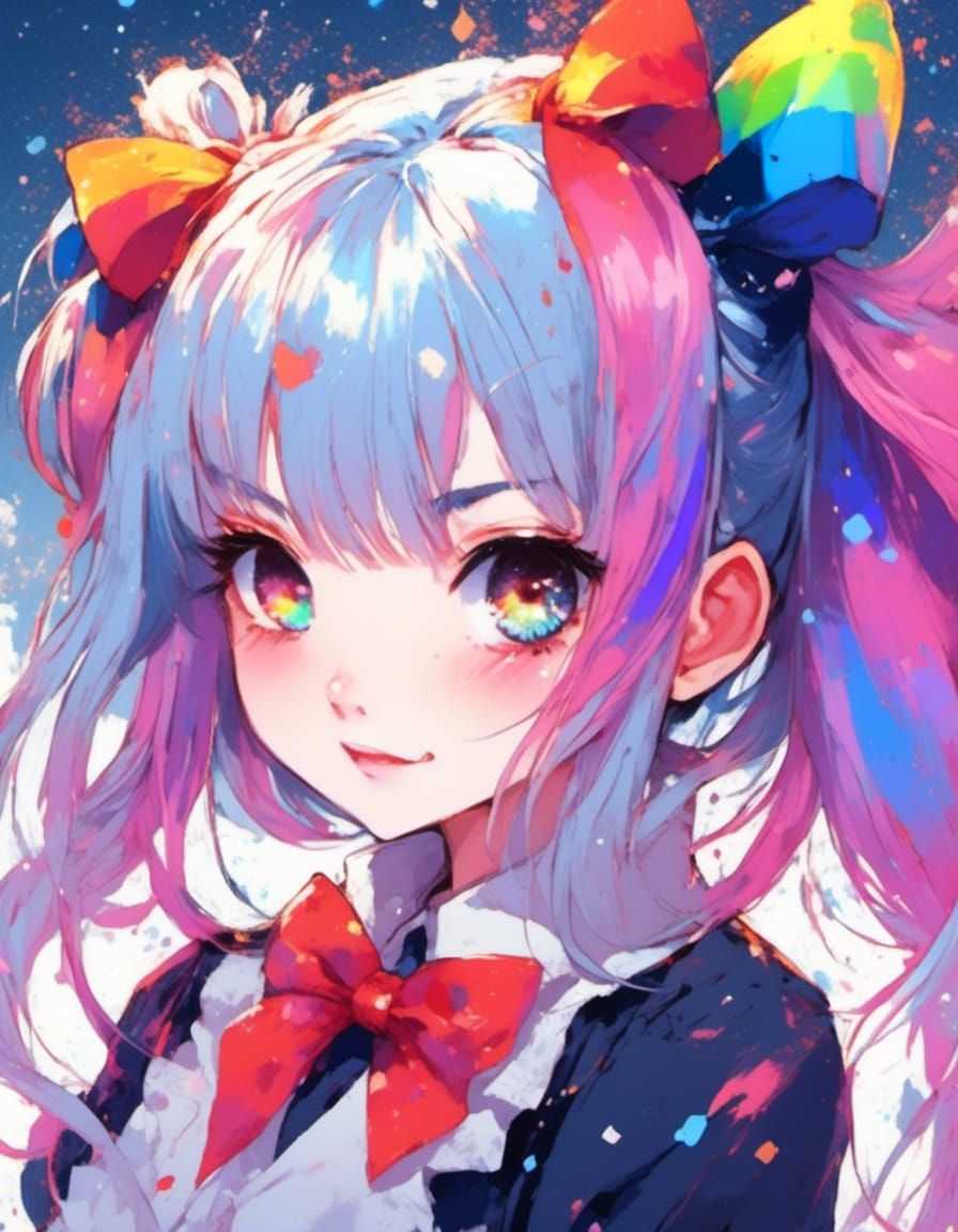 Anime Girl Portrait with Rainbow Hair and Sparkles