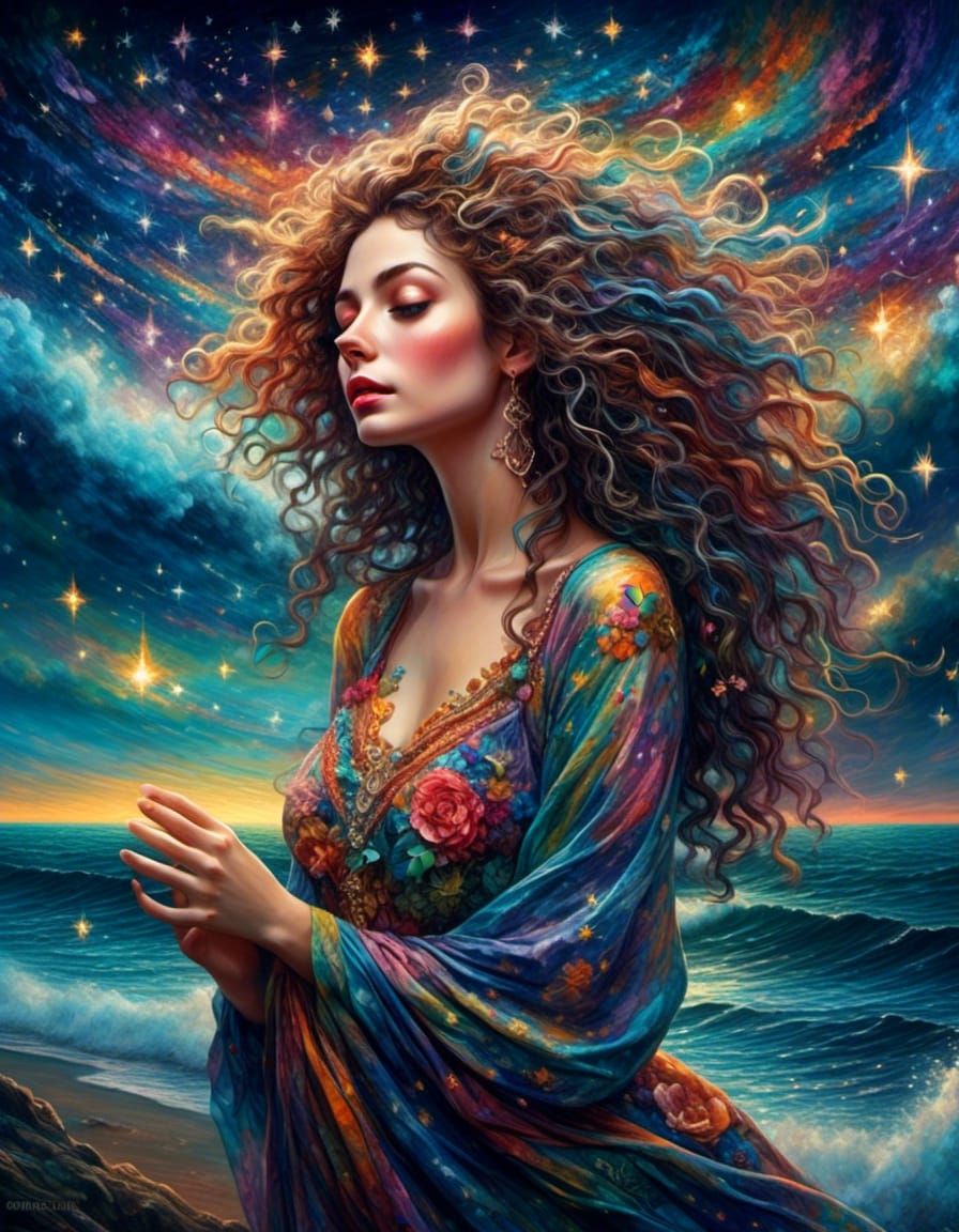 Woman on Beach at Twilight as Oil Painting