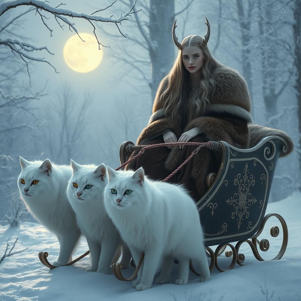 Freya, the Norse goddess of love, rides a small sleigh throu...