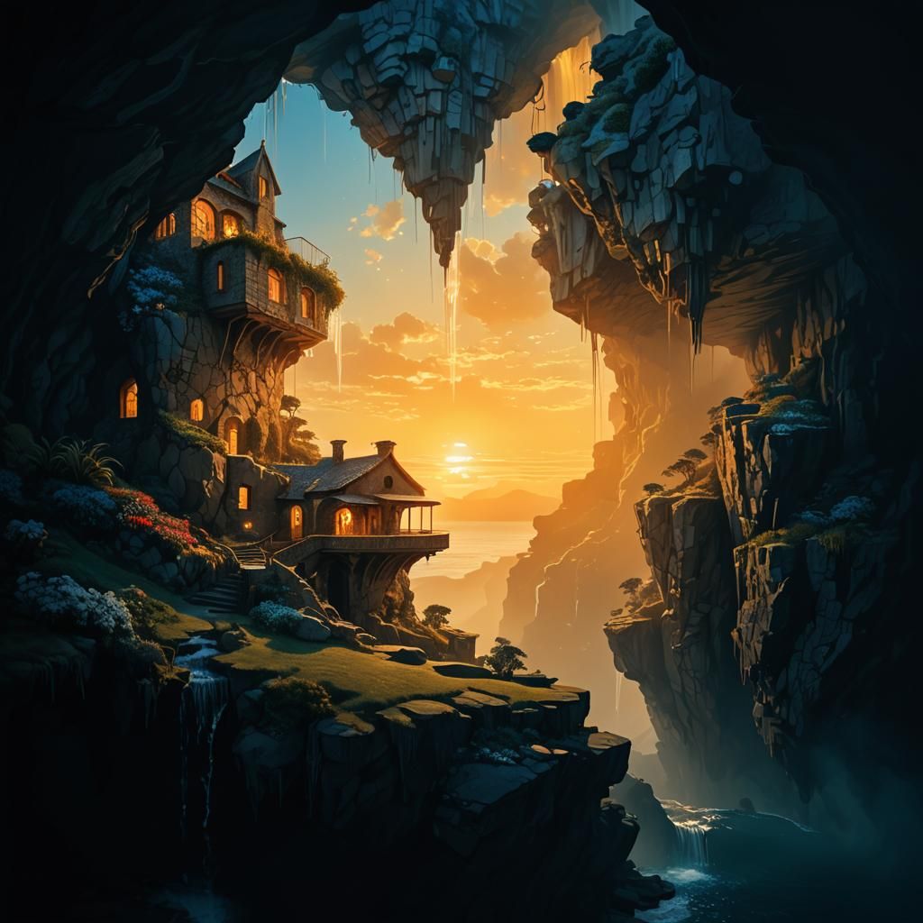 Surreal Cliffside House with Floral Inlay at Golden Hour