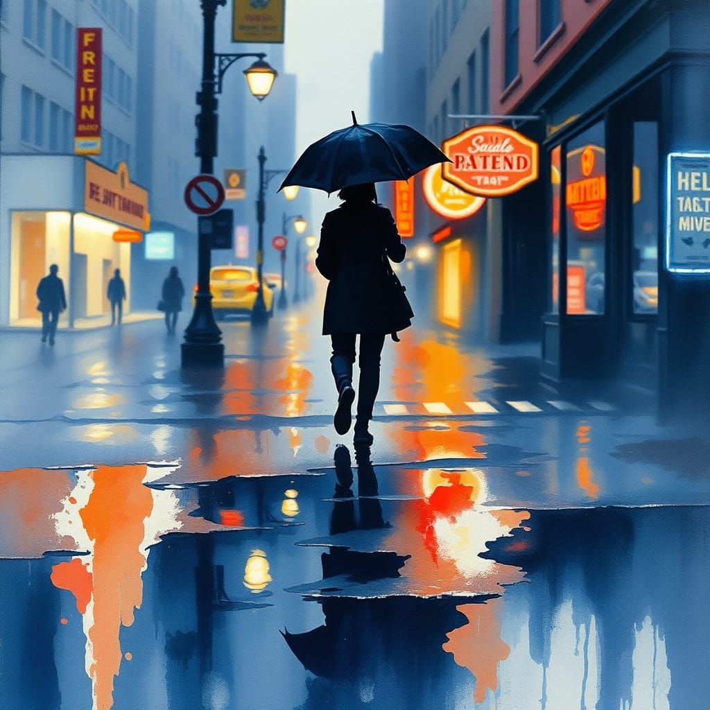 Rainy Cityscape in Drippy Watercolor Style