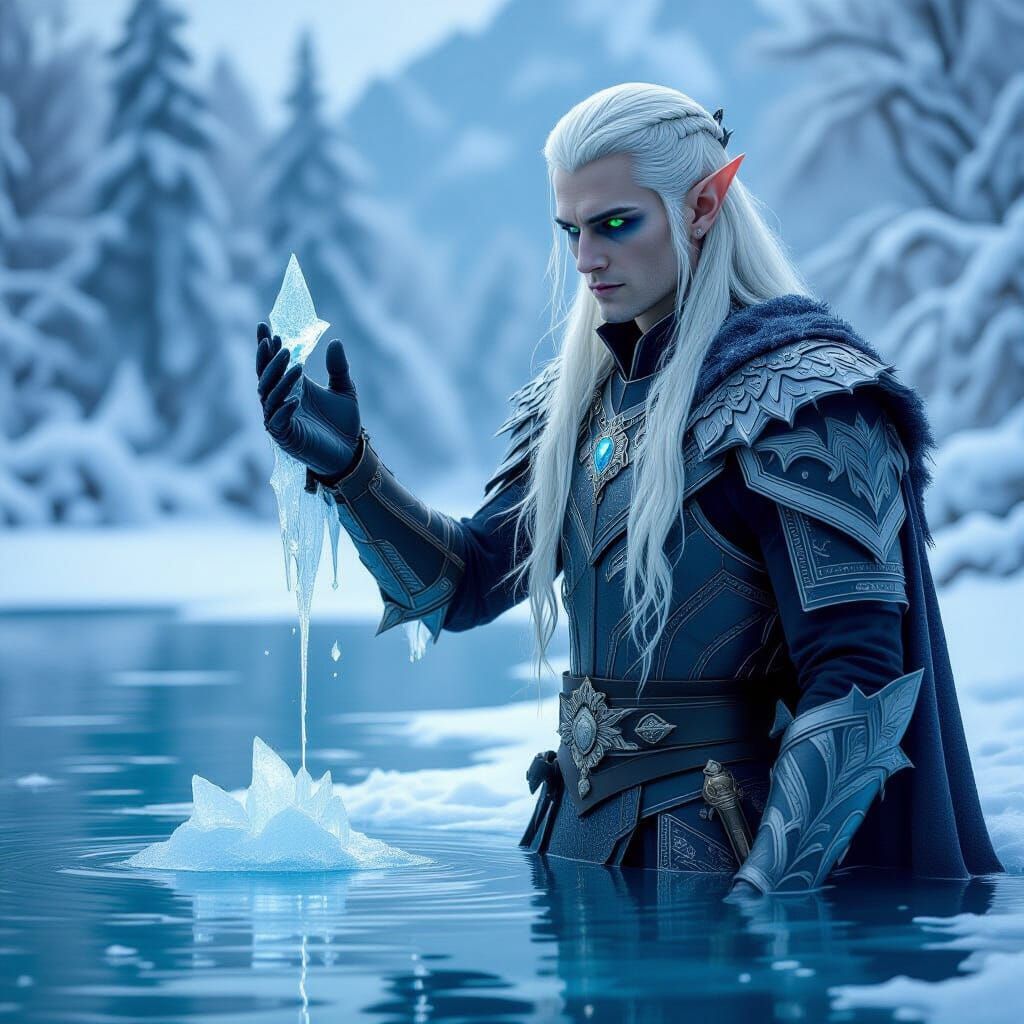 Enigmatic Elf Beside Frozen Lake, Cracked Ice Surface