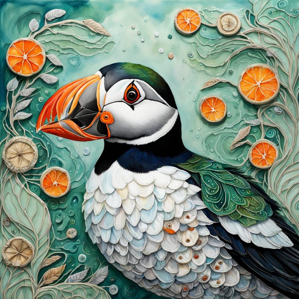 Whimsical Puffin in Oceanic Dreamscapes