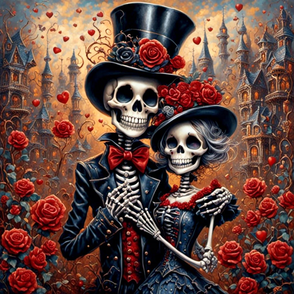 Victorian Skeleton Couple in Love: Whimsical Mixed Media