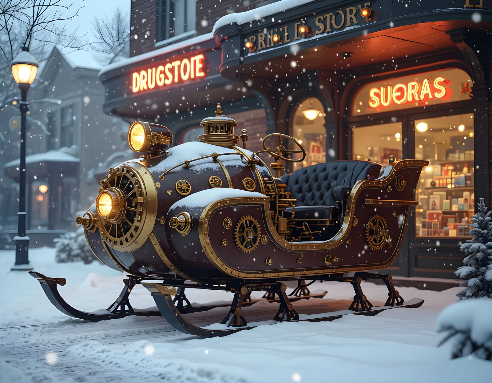 Steampunk Sleigh at Vintage Drugstore in Winter
