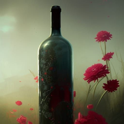 Wine Bottle Bursting with Flowers in Dark Fantasy Style