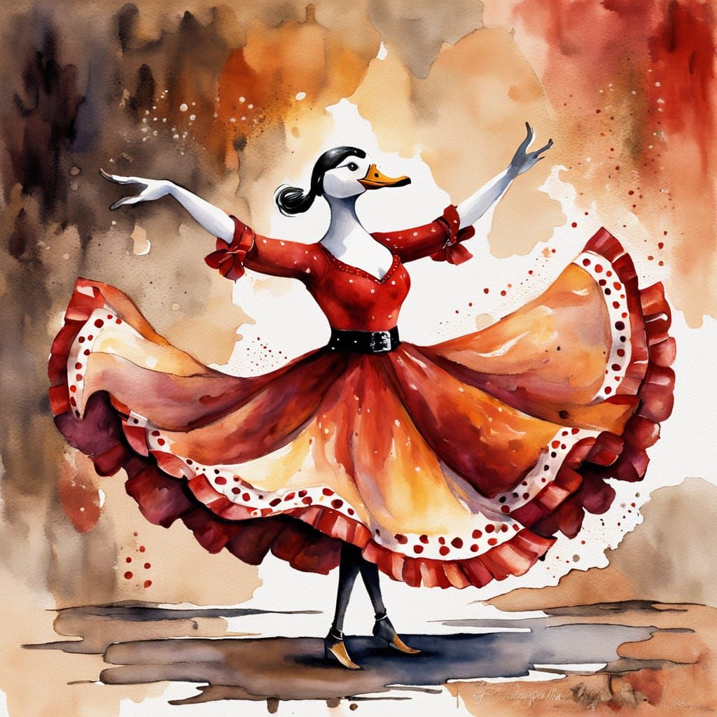 A graceful female duck dressed in a red flamenco dress
