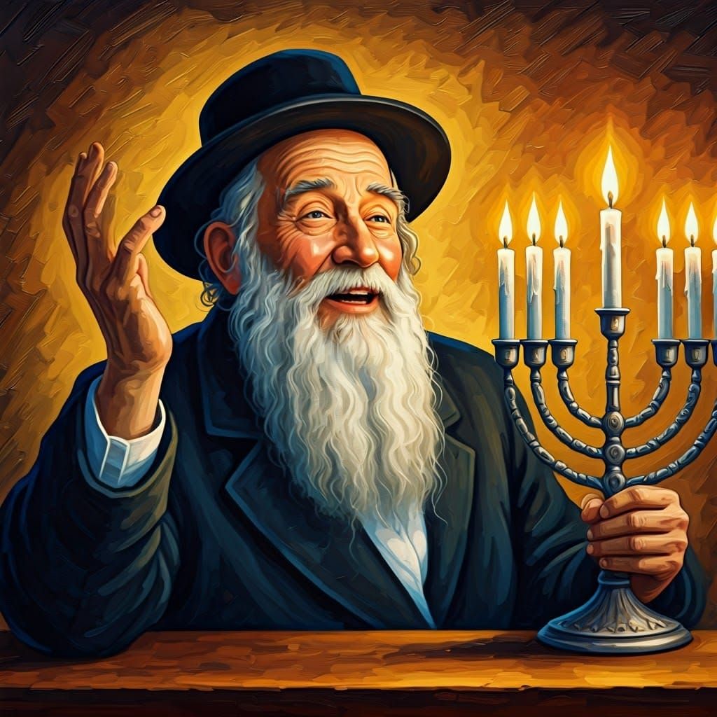 Joyful Hasidic Jew Lights Menorah in Vibrant Expressionist S...