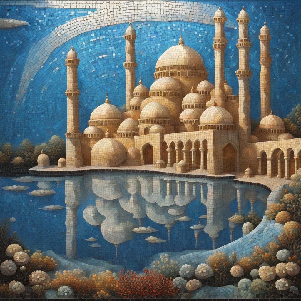 16k resolution, PUZZLE ART, crafted from shimmering mosaic tesserae, sunken Islamic city beneath the waves, domes and ar...
