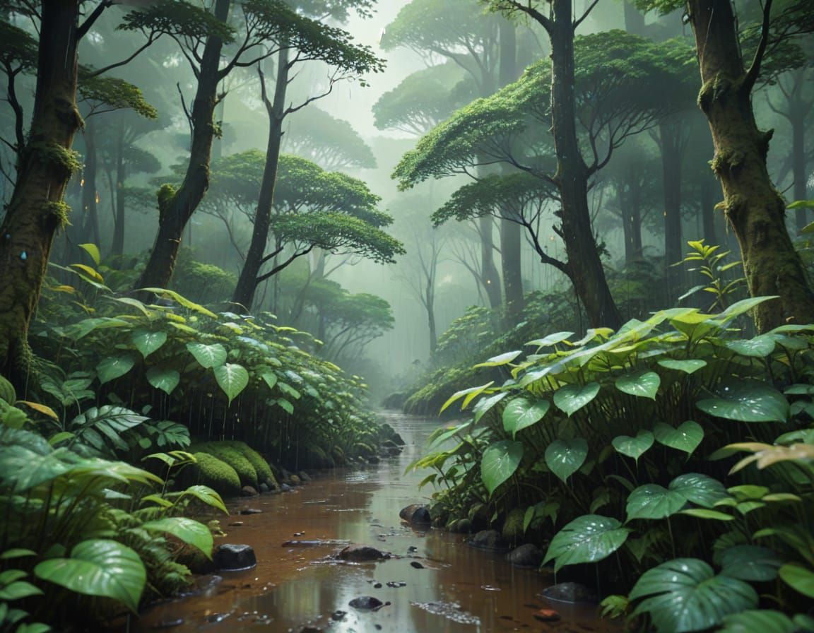 Lush Japanese Forest in Vibrant Watercolor Style