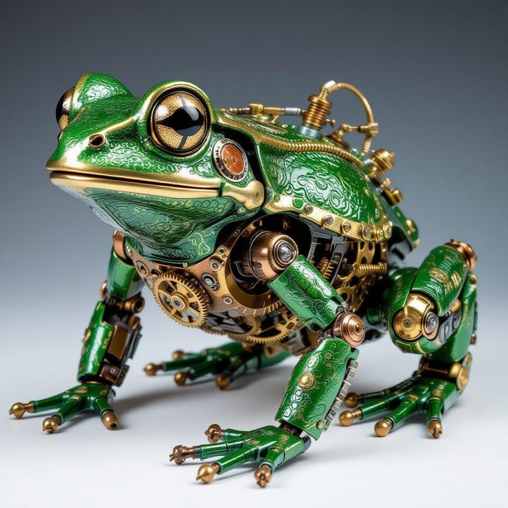 Intricate Steampunk Mechanical Frog Sculpture