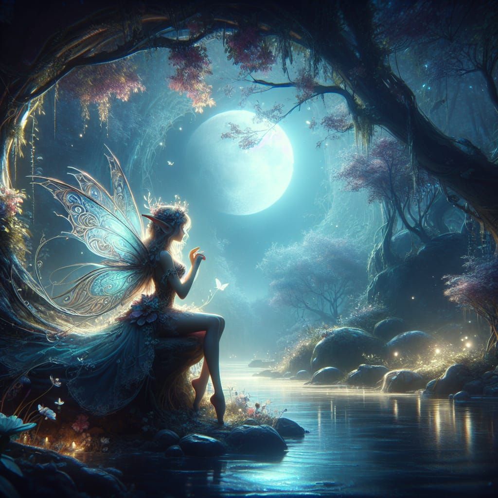 Dreamlike Fantasy Scene with Fairy by Moonlit Pond in Detail...