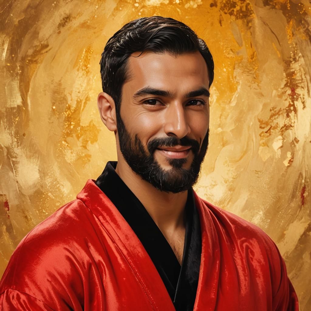 Serene Arab Man in Red Velvet Bathrobe