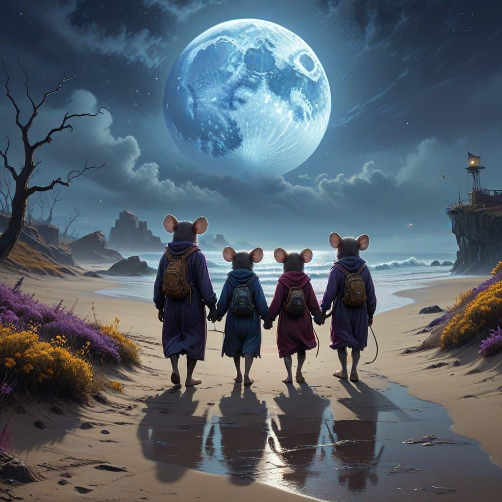 Mouse Family Strolls Under Moonlight on Serene Beach in Whim...
