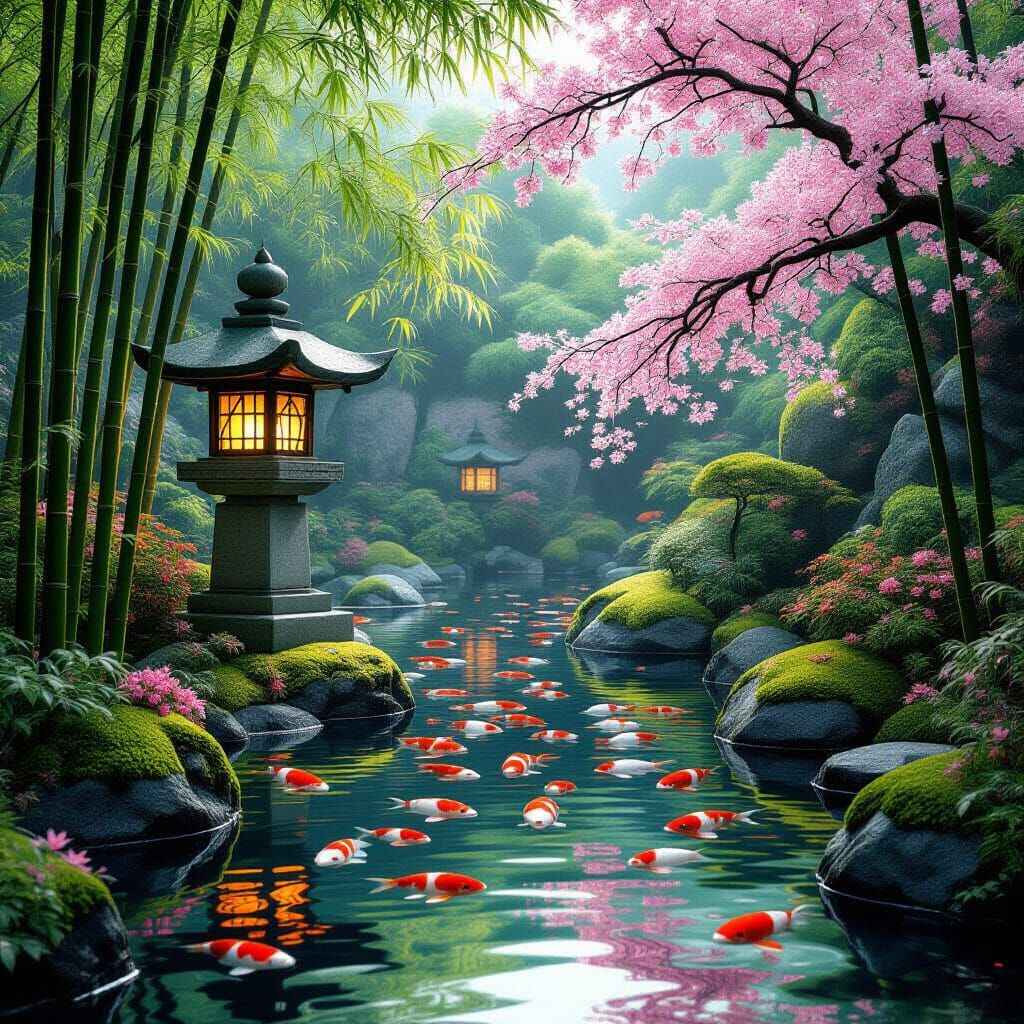 Serene Japanese Grotto with Cherry Blossoms and Koi Pond