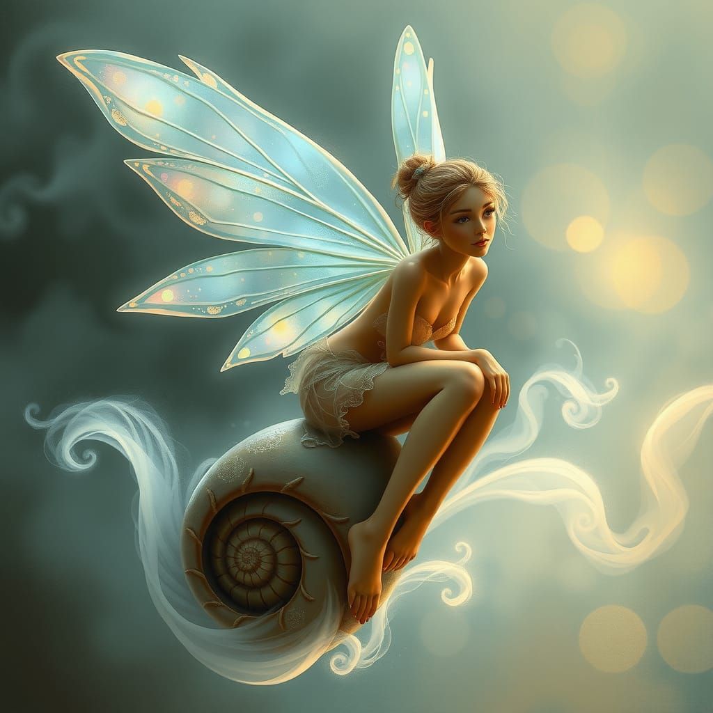 Luminescent Fairy on Shell with Iridescent Wings