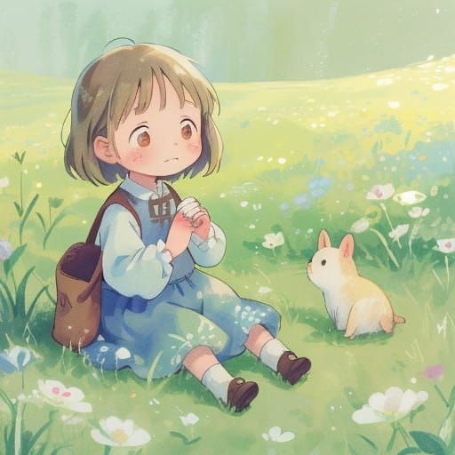 Young Girl Contemplates a Delicate Flower in a Vibrant Meado...