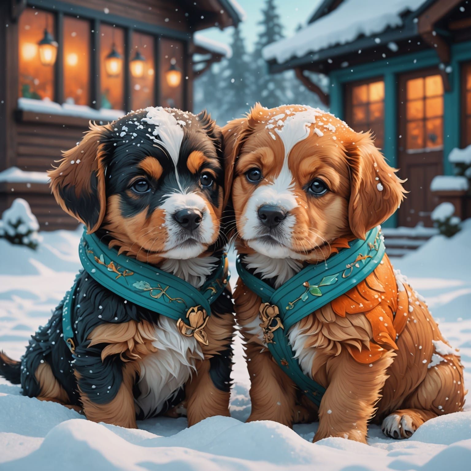 Cute Puppies Cuddling in Snow, Hyperdetailed Digital Art