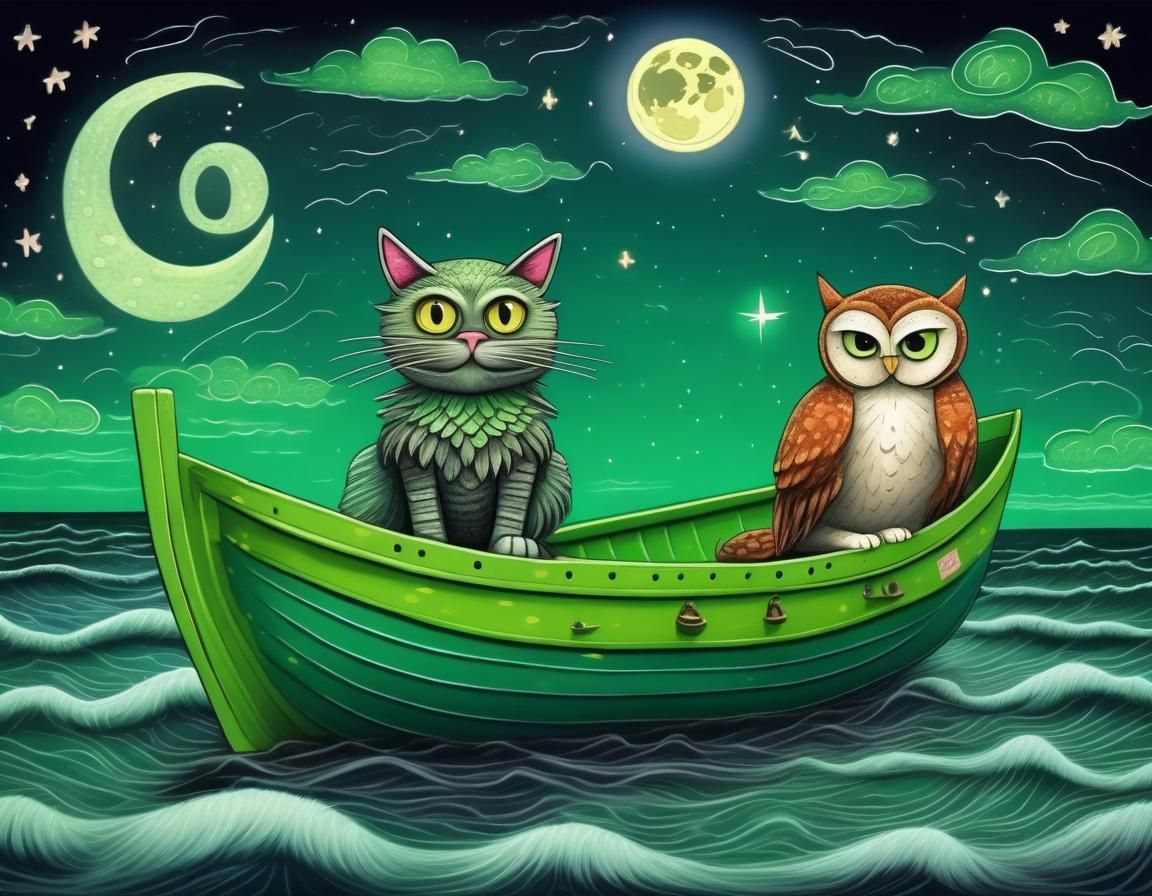 Owl and Cat in Pea-Green Boat on Stormy Sea