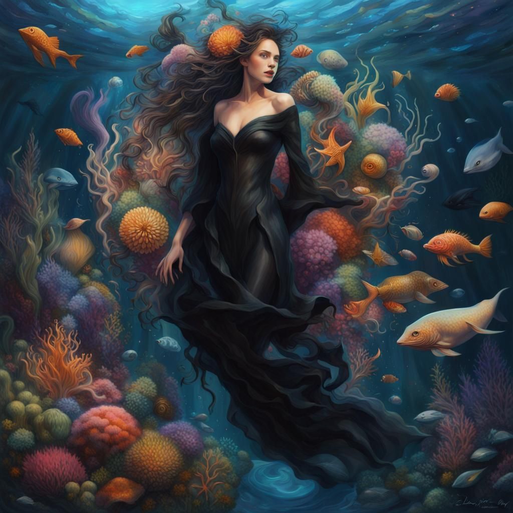 , a woman adorned in flowing elegant black attire that mimic...