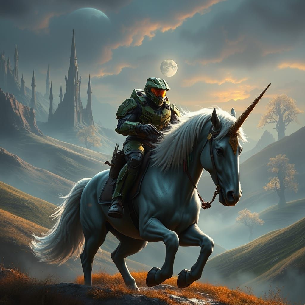 Master Chief Rides a Unicorn in a Dreamlike Fantasy Landscap...