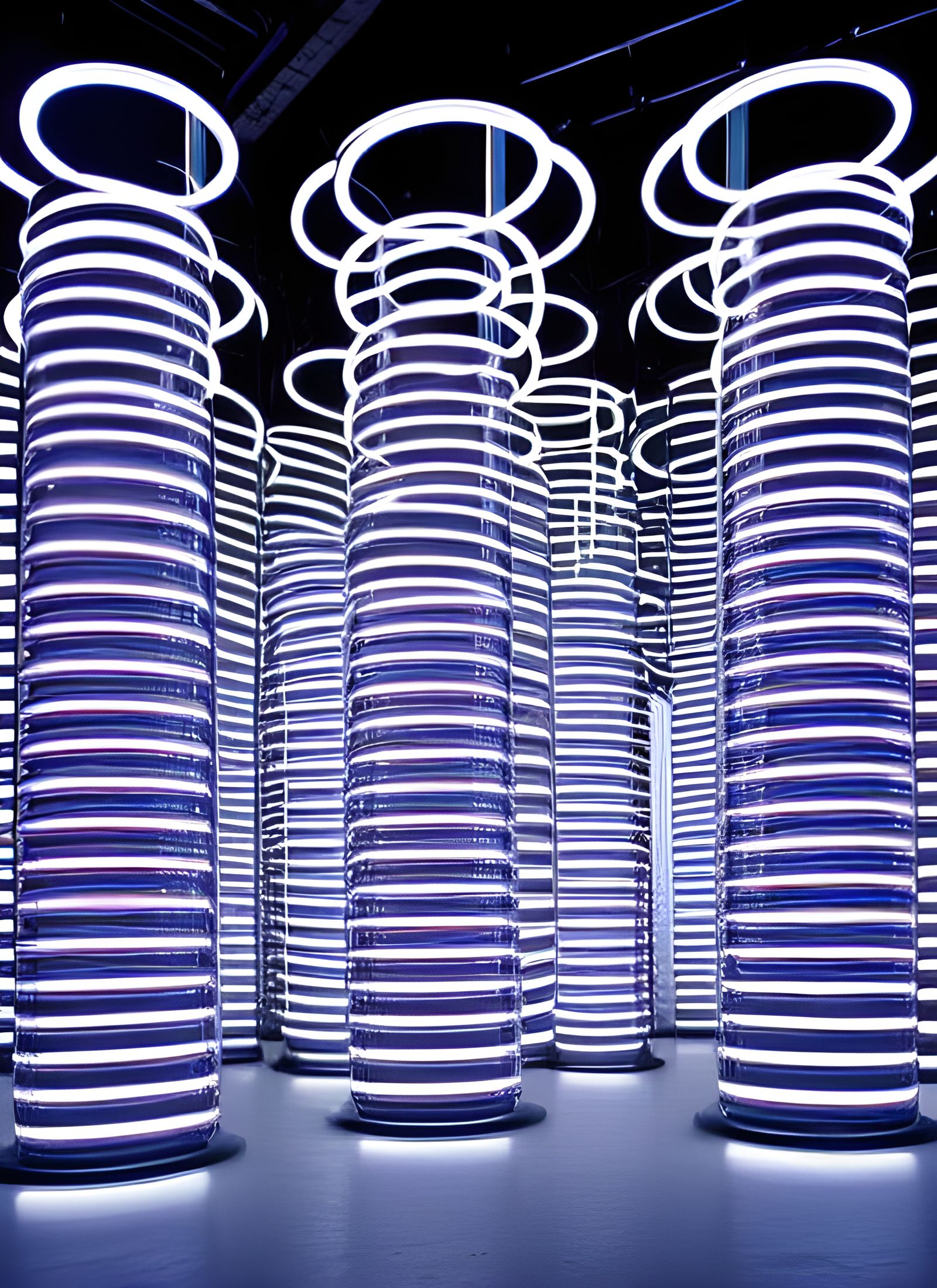 Hyperrealistic Mirrored Cylinders with Ornate Lighting