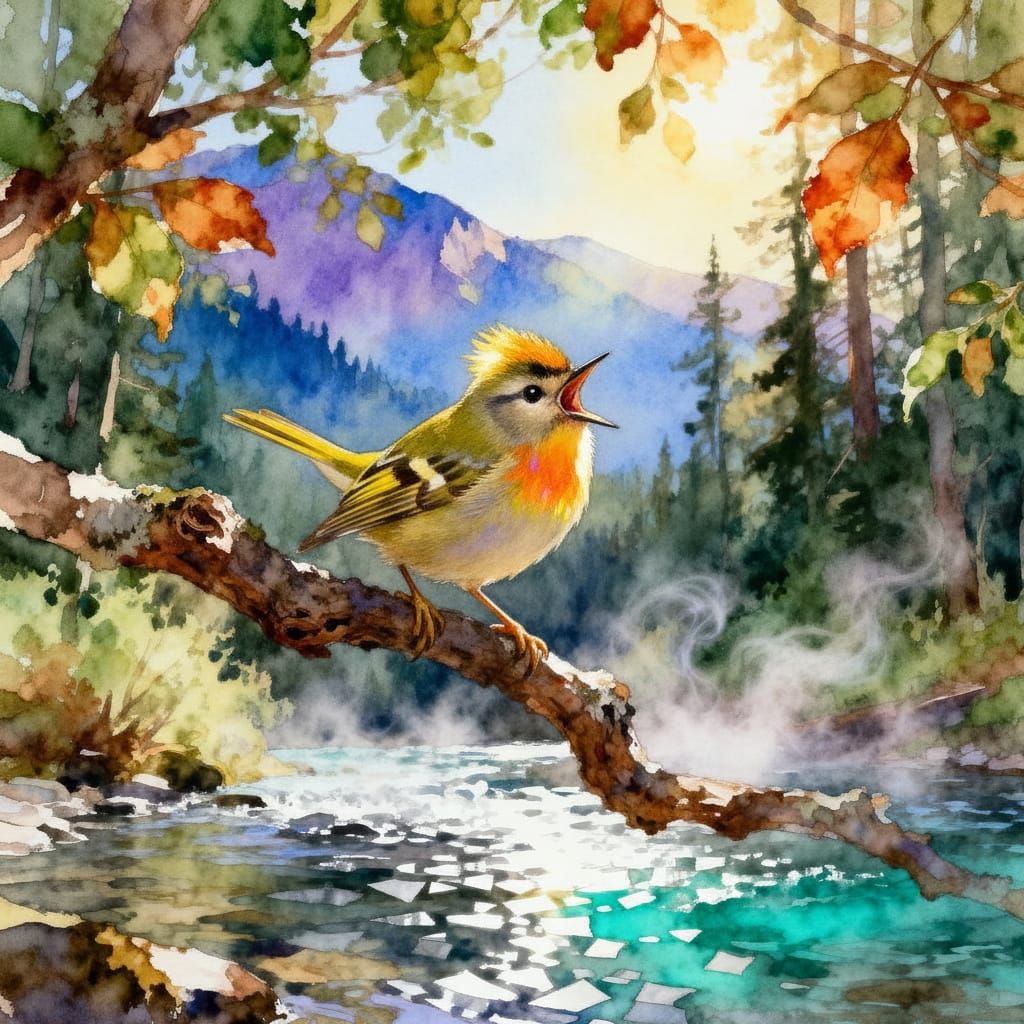 Goldcrest Sings by River in Vibrant Watercolor Style