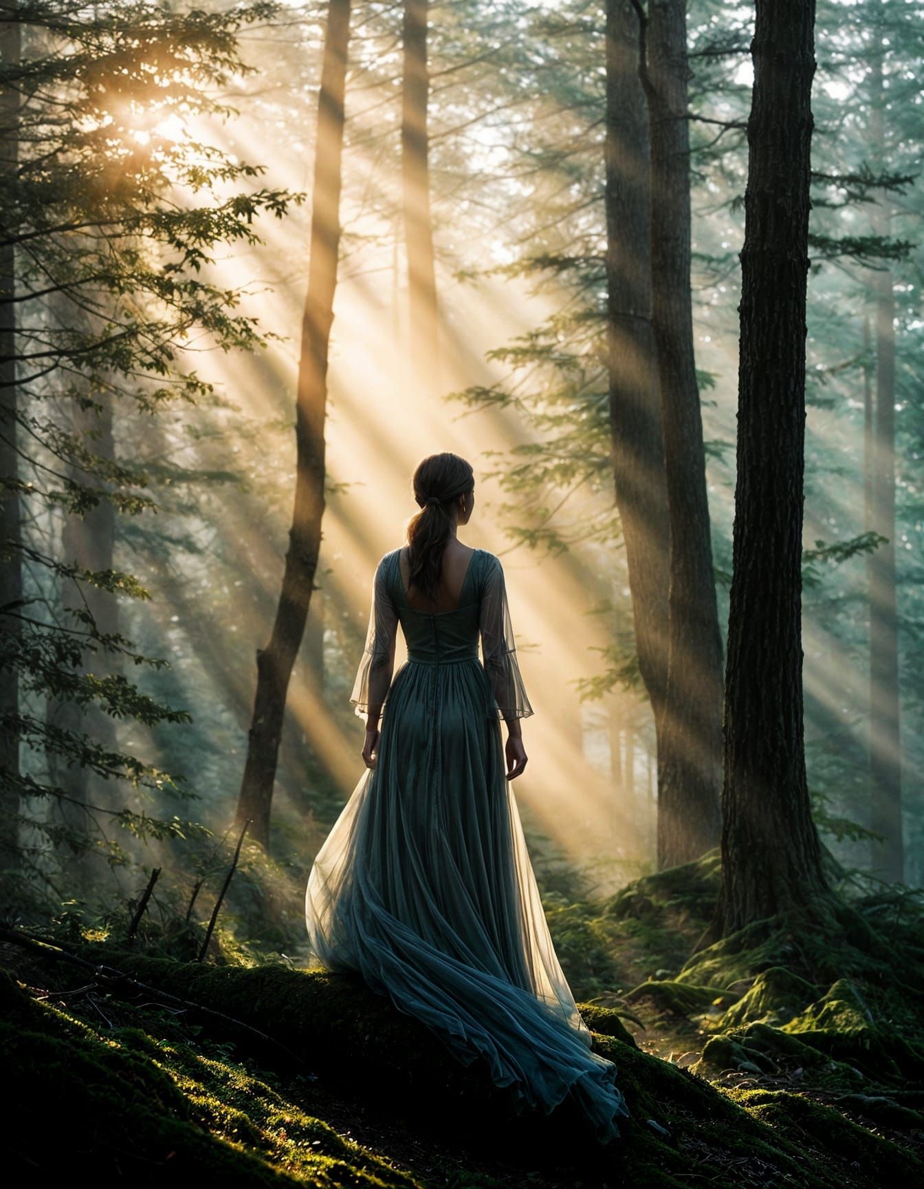 Woman Silhouette in Misty Forest at Dawn