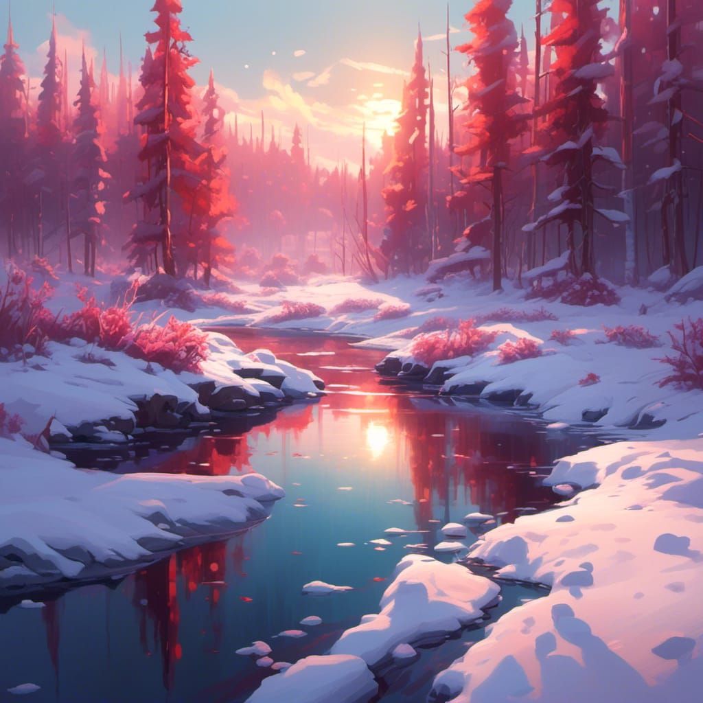 Winter Pond Art with Radiant Sun and Snowy Land