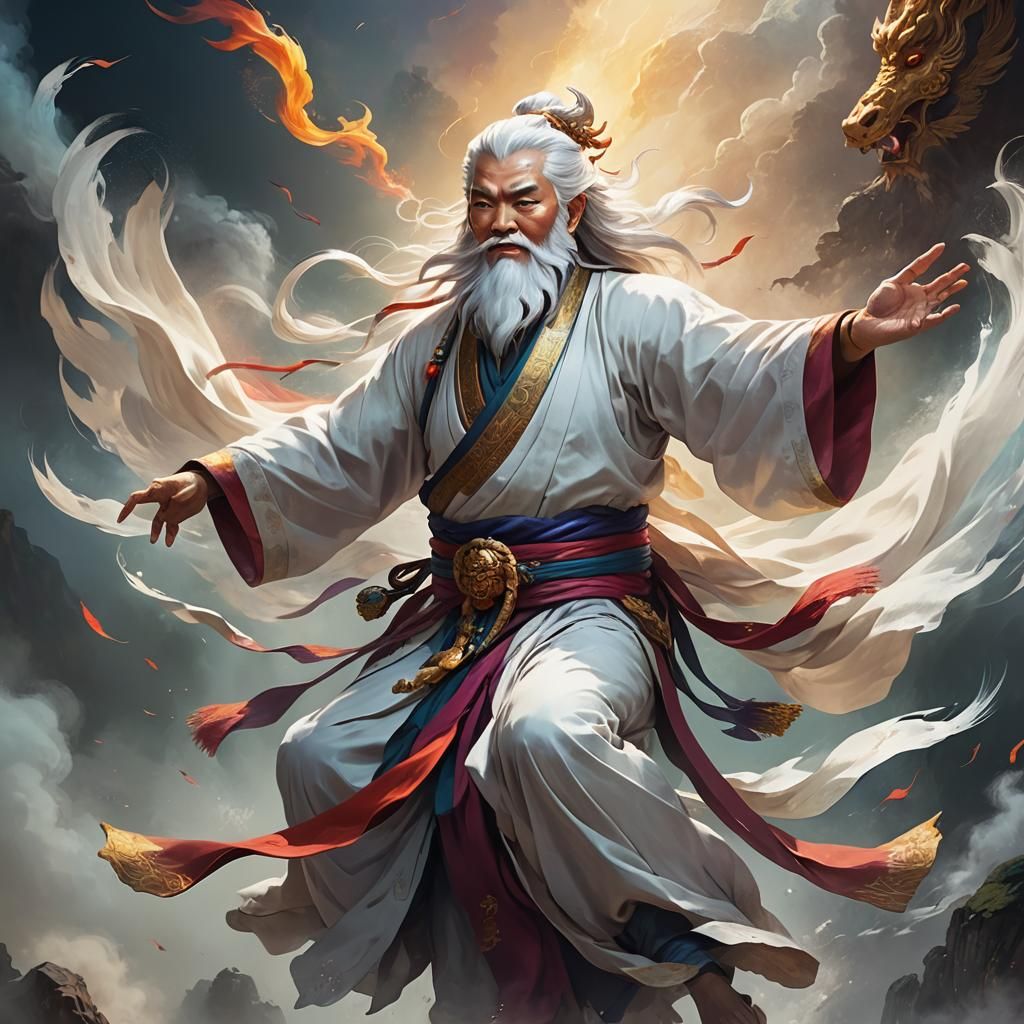 Flying Chinese Deity in Radiant Light: Fantasy Art